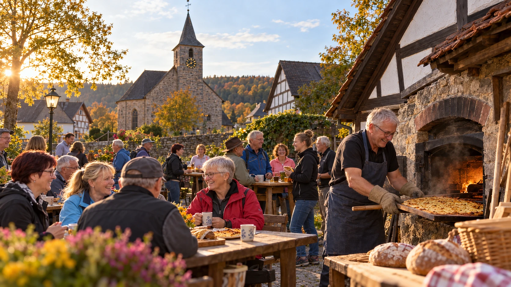Traditionelles Backhaus mit Dorfgemeinschaft beim Herbstbacken in Falkenrode