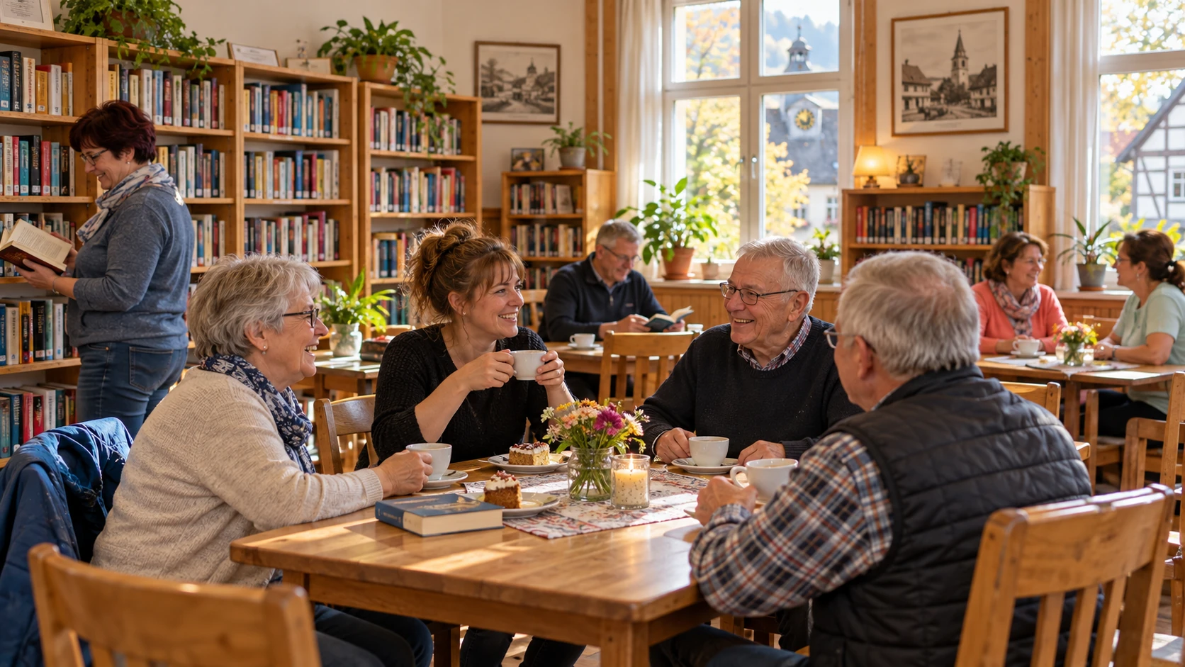 Gemütliches Lesecafé mit offenen Bücherregalen und Dorfbewohnern in Falkenrode