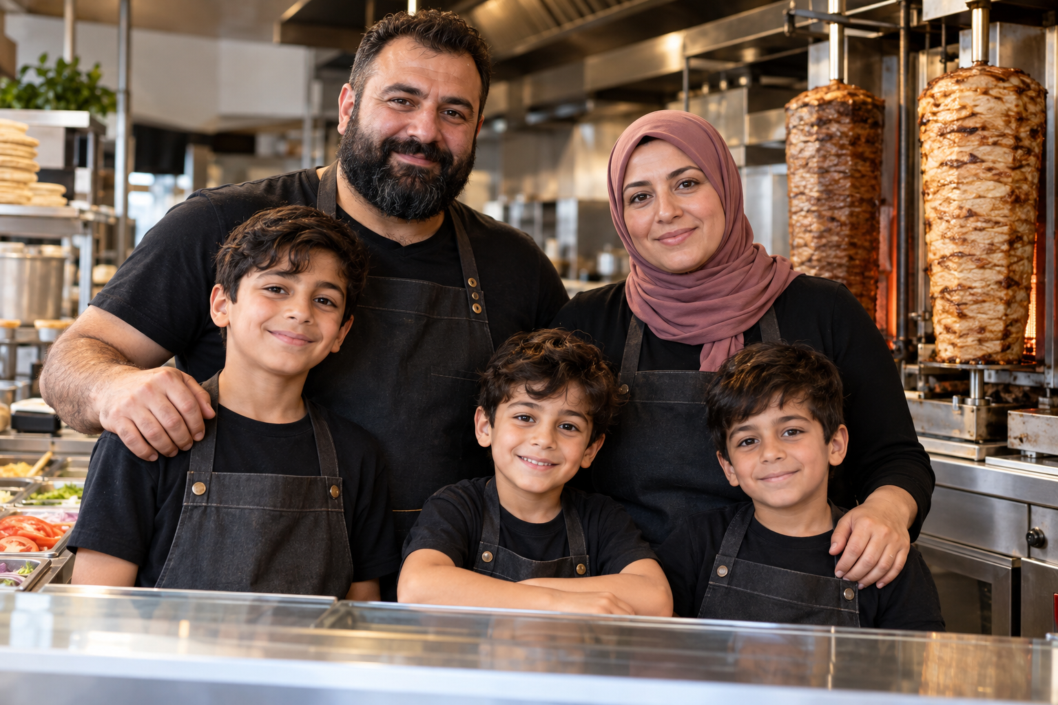 Generiertes Familienmotiv: Mohammed und Ayse mit ihren drei Söhnen im Dönerladen Döner Alanya