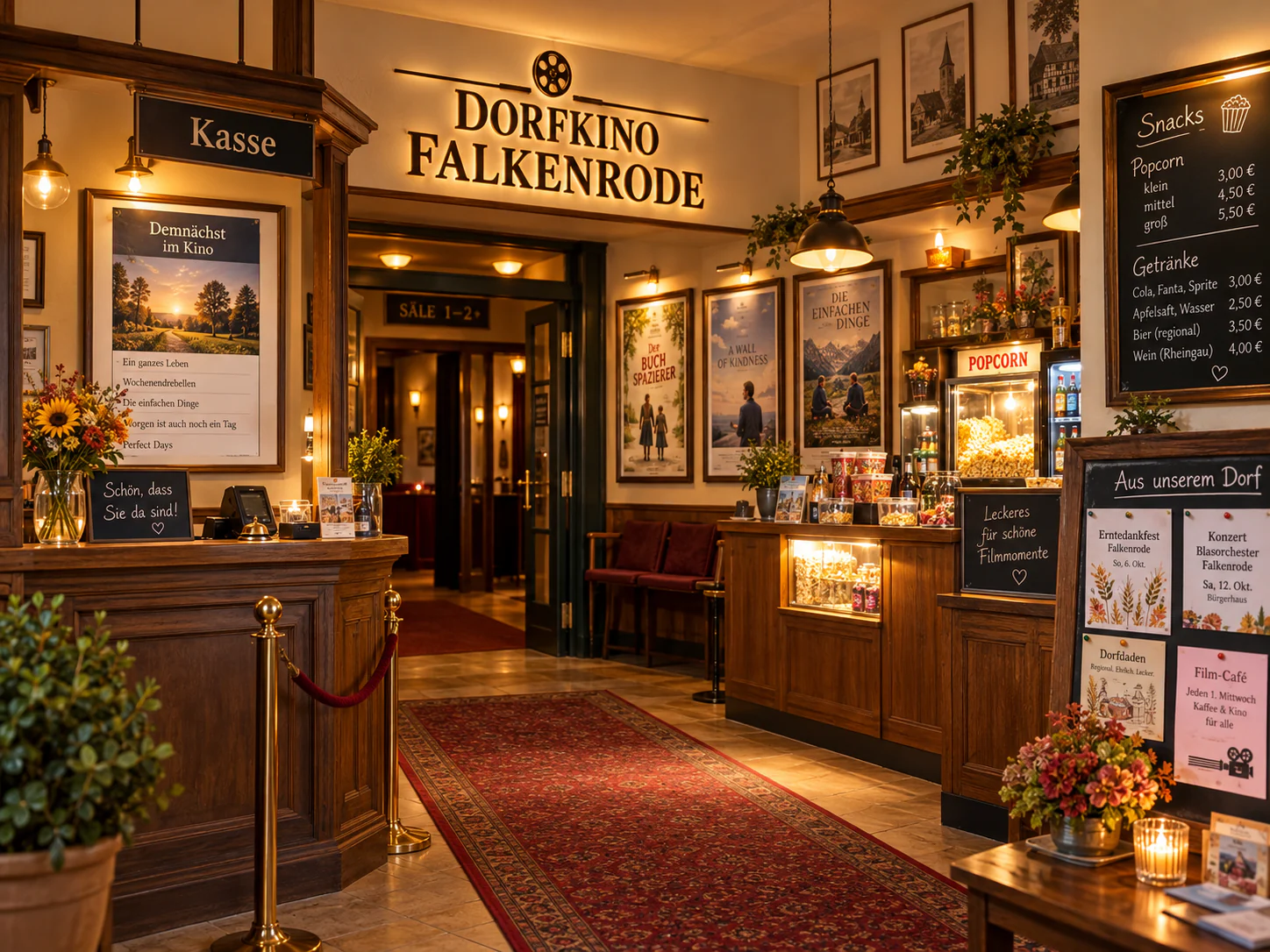 Historisches Foyer des Dorfkinos Falkenrode mit Kasse, Popcorn und Filmplakaten