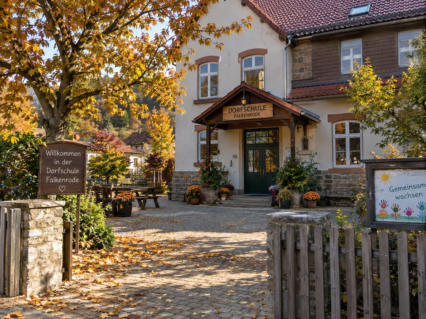Einladender Eingangsbereich der Dorfschule Falkenrode mit herbstlichem Schulhof