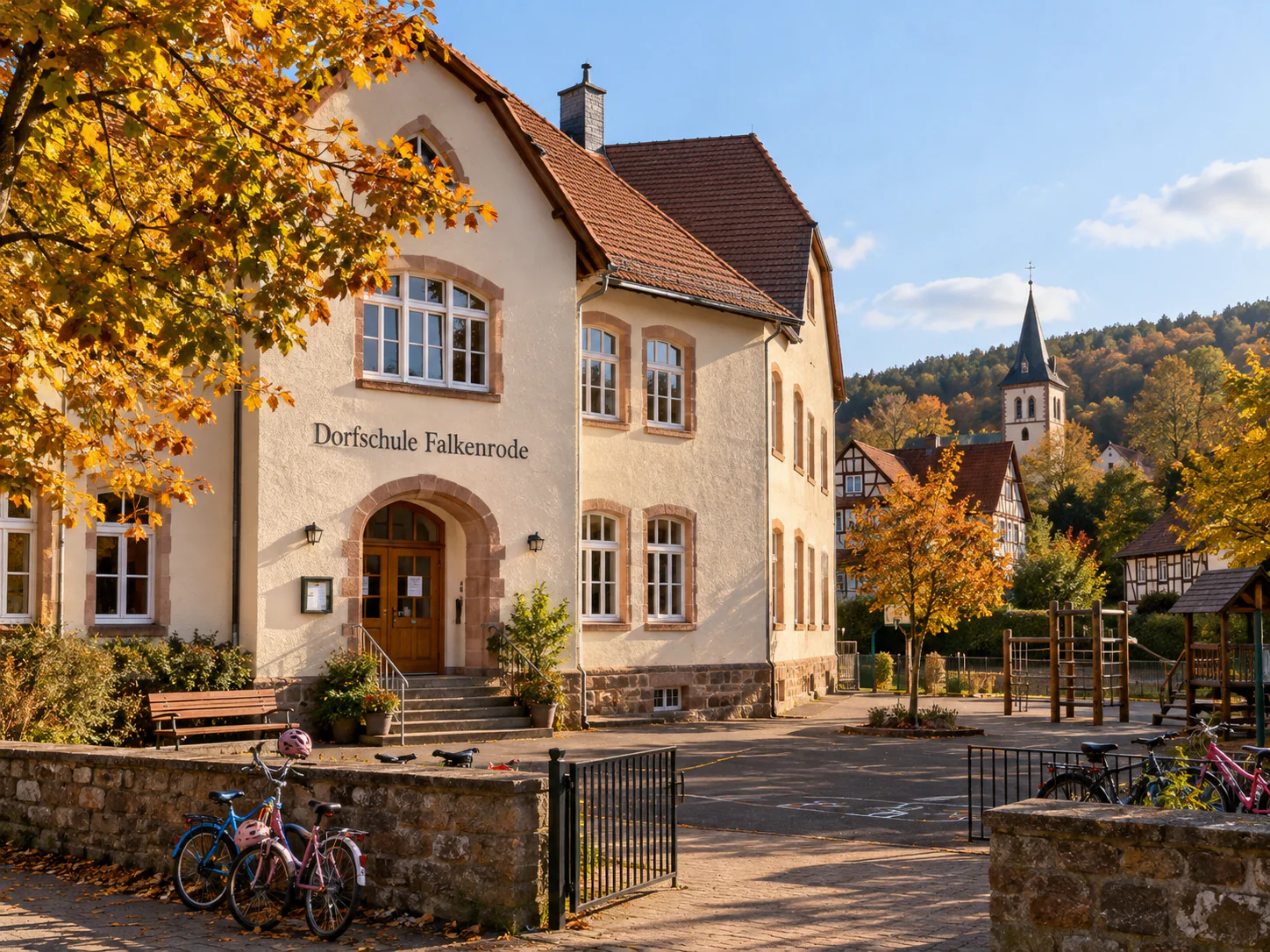 Dorfschule Falkenrode mit Schulhof und Dorfkirche