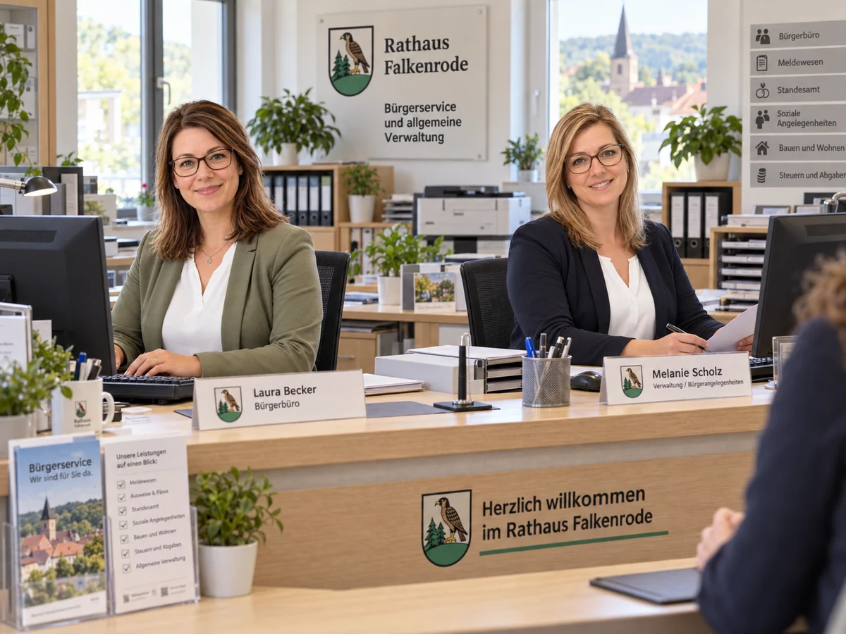 KI-Visualisierung von Laura Becker und Melanie Scholz an der Bürgertheke im Rathaus Falkenrode