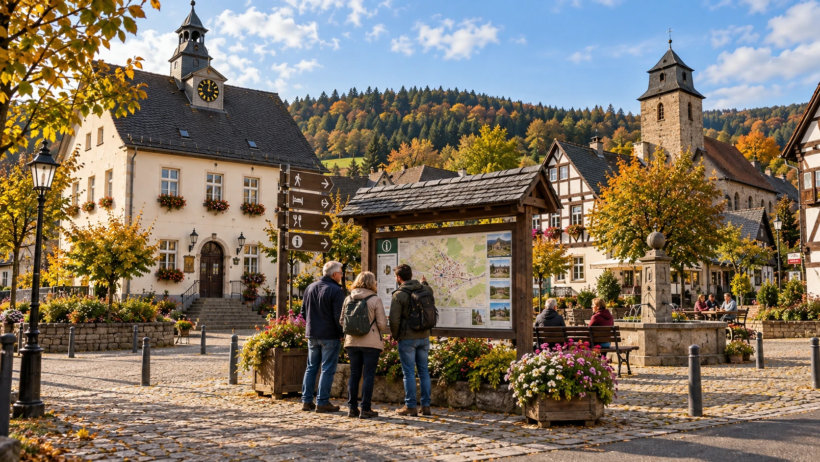 Herbstlicher Rathausplatz von Falkenrode mit Dorfleben und Fachwerkhäusern