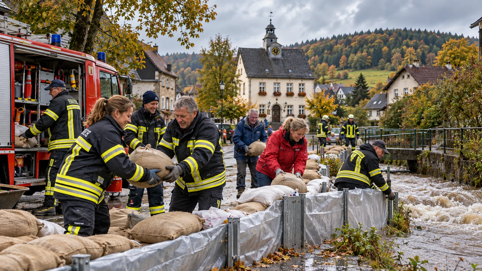 Feuerwehr und Dorfbewohner beim Starkregenschutz am Falkenbach