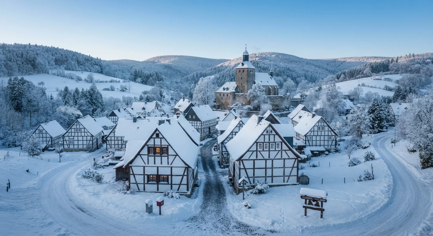 Falkenrode mit Fachwerkhäusern und Kirche im Winter